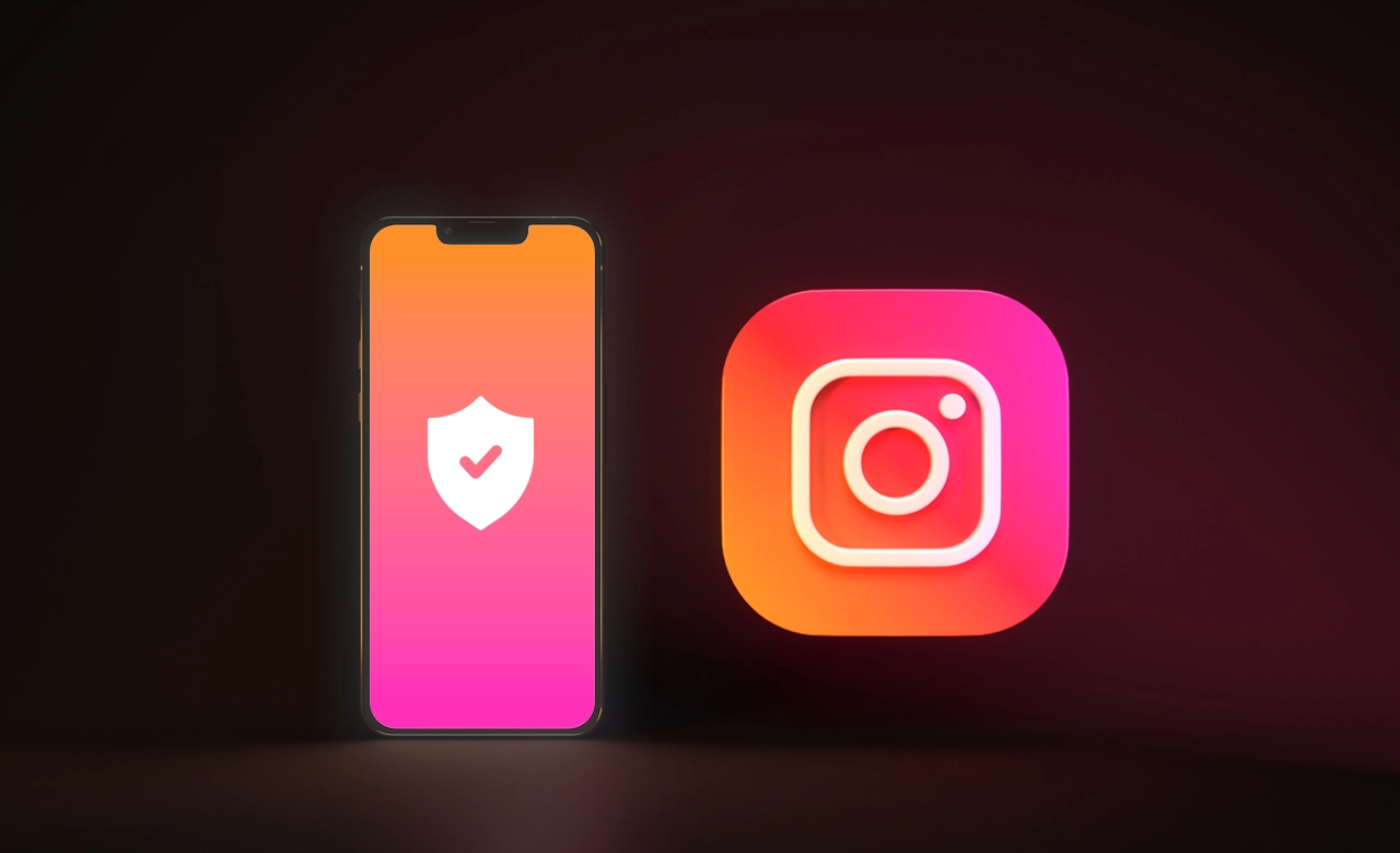Instagram hesap güvenliğini ve korumasını temsil eden kalkan logolu telefon görseli