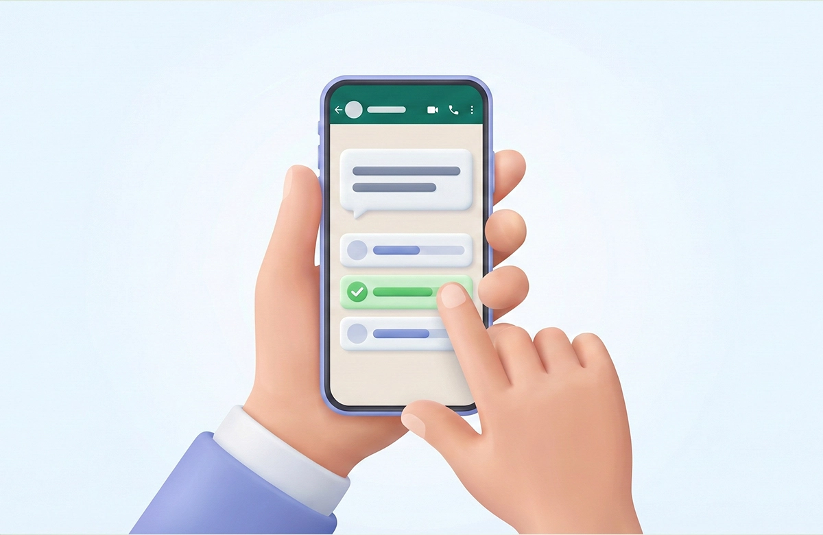 WhatsApp anketinde oy kullanma işlemini gösteren, seçeneğe tıklayan el görseli