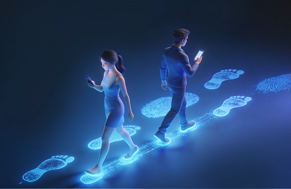 Akıllı telefon kullanan insanların geride bıraktığı dijital ayak izini gösteren 3D karakter illüstrasyonu.