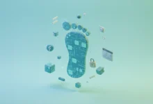 İnternet verilerini ve çevrimiçi güvenliği simgeleyen teknolojik ayak izi illüstrasyonu.