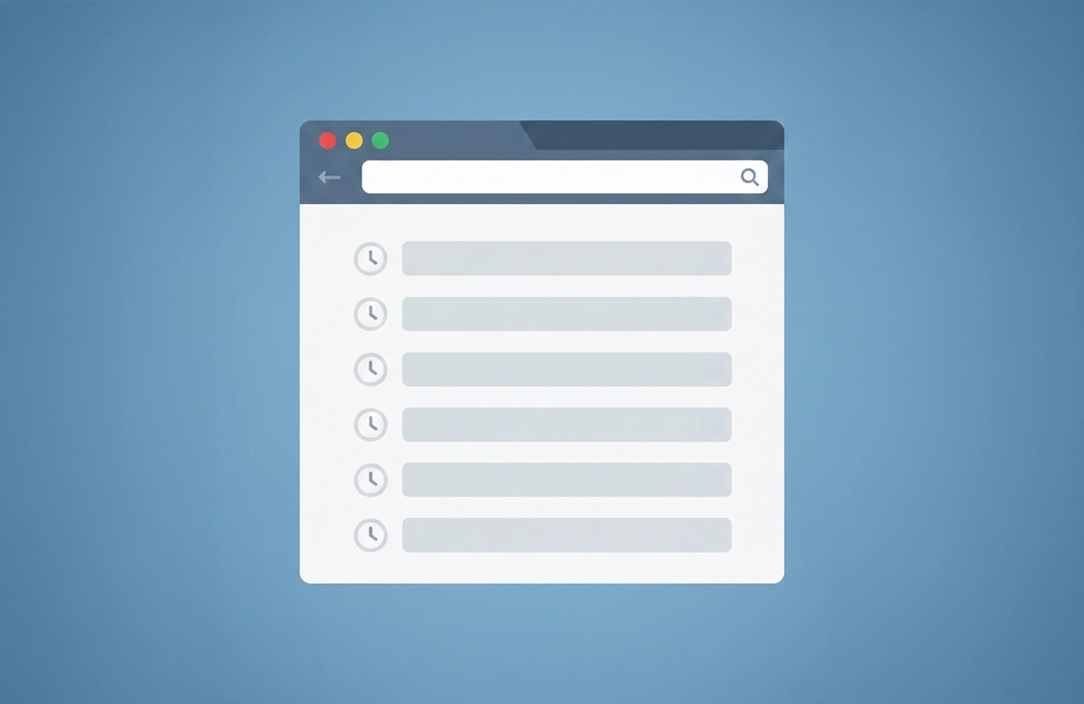 Mavi arka plan üzerinde arama çubuğu ve saat simgeli satırlardan oluşan web tarayıcısı geçmişi illüstrasyonu.