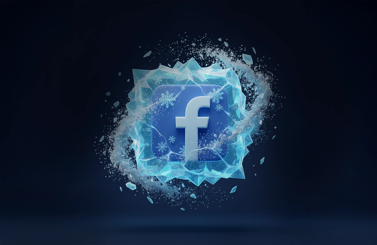 Dondurulan Facebook hesabını geri açma işlemini temsil eden, buzları kırılan Facebook logosu görseli.