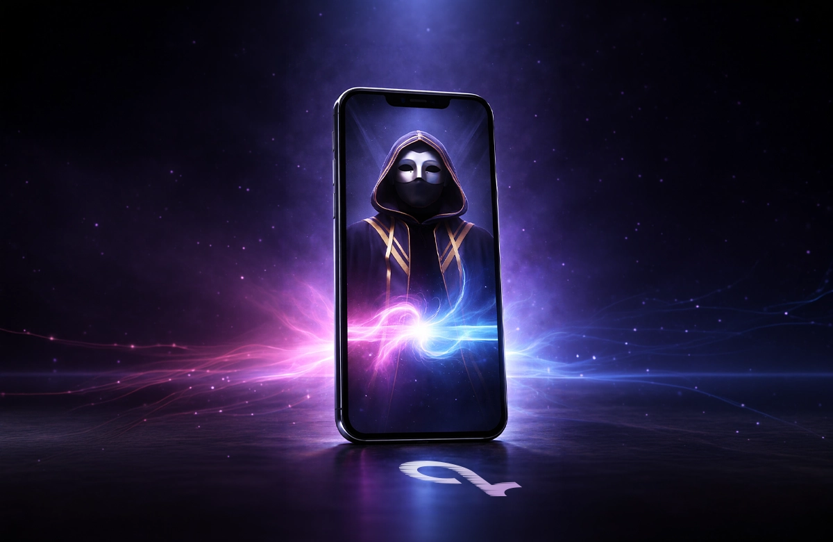 Akıllı telefon ekranında TikTok Enigma akımını temsil eden gizemli maskeli karakter.