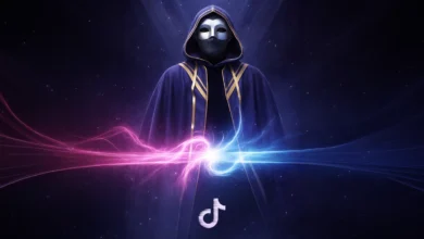 TikTok Enigma temalı gizemli maskeli karakter illüstrasyonu