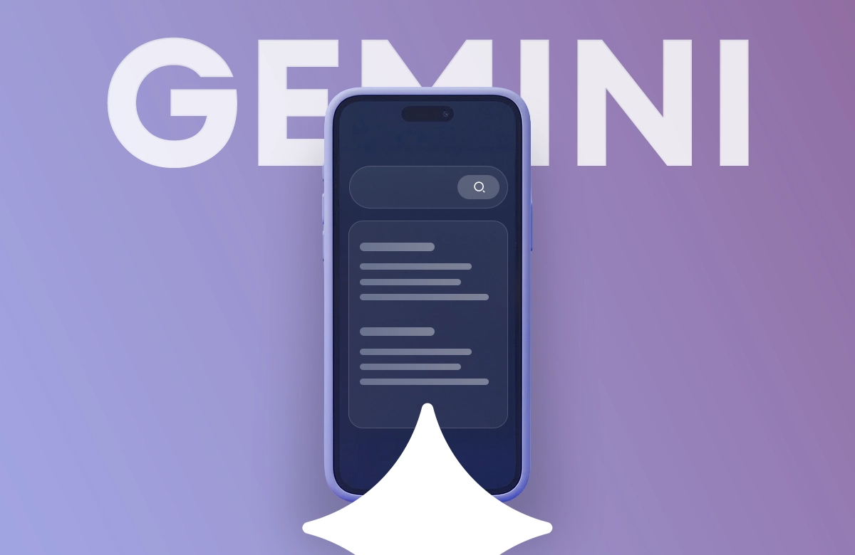 Gemini mobil arayüzü ve marka logolu dijital illüstrasyon.