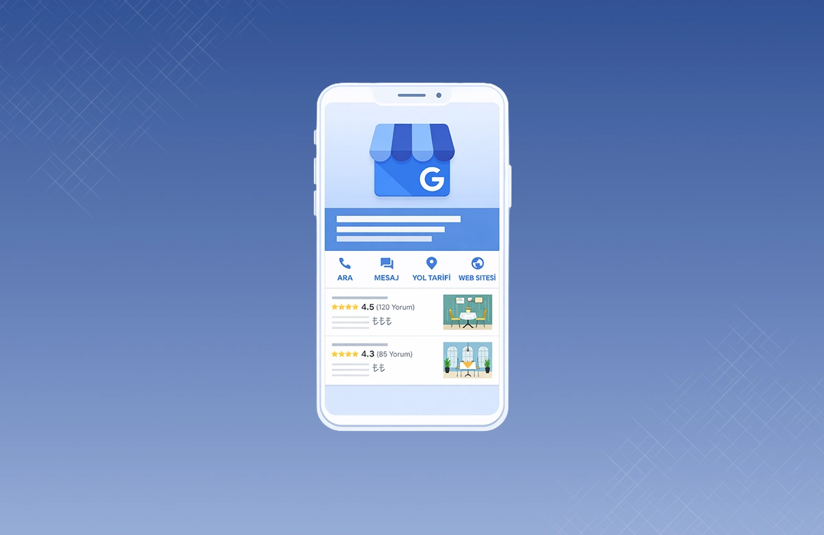 Google İşletme Profili mobil görünümü, yıldızlı yorumlar ve iletişim seçenekleri.