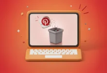 Laptop ekranında çöpe atılan Pinterest logosu ve hesap silme konsepti.