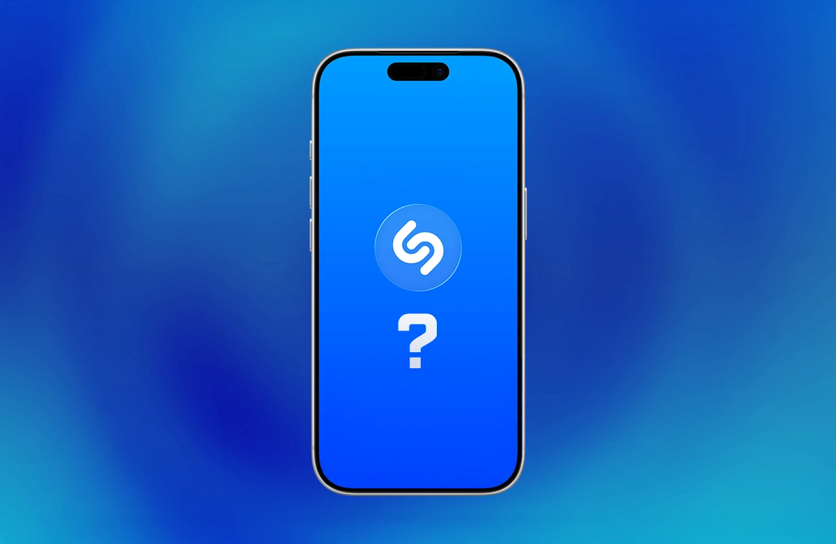 Akıllı telefon ekranında Shazam logosu ve soru işareti illüstrasyonu.