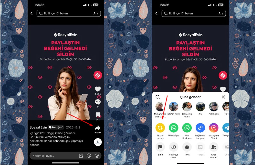 TikTok paylaşım menüsü, tekrar paylaş butonu ve uygulama içi etkileşim seçenekleri.