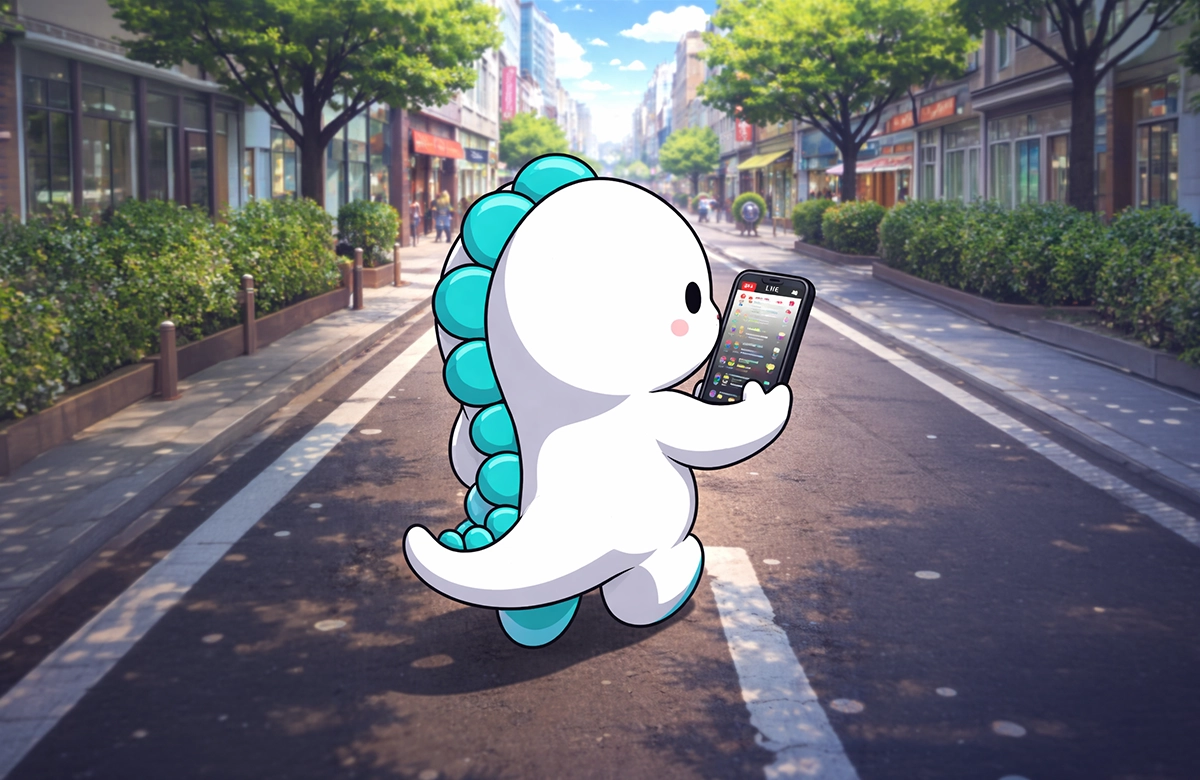 Akıllı telefon kullanan Bigo Live dinozor maskotu ve şehir caddesi illüstrasyonu.