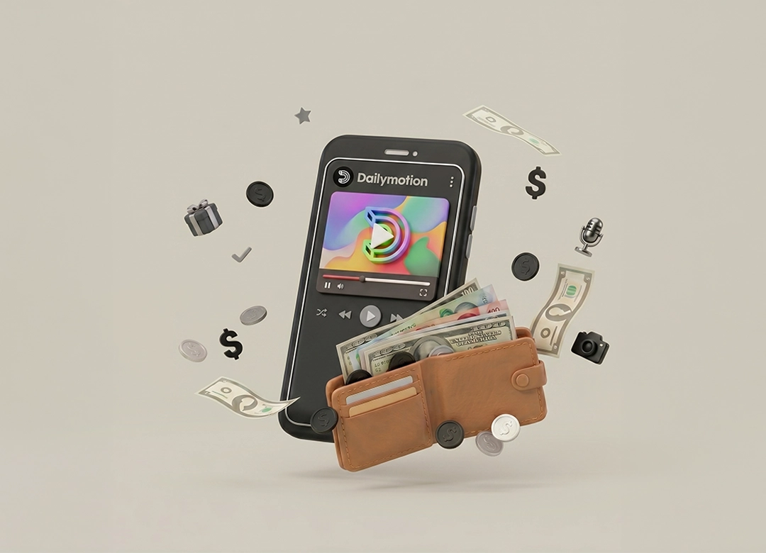 Akıllı telefon ekranında Dailymotion uygulaması ve para dolu cüzdan ile dijital içerik kazancı konsepti.