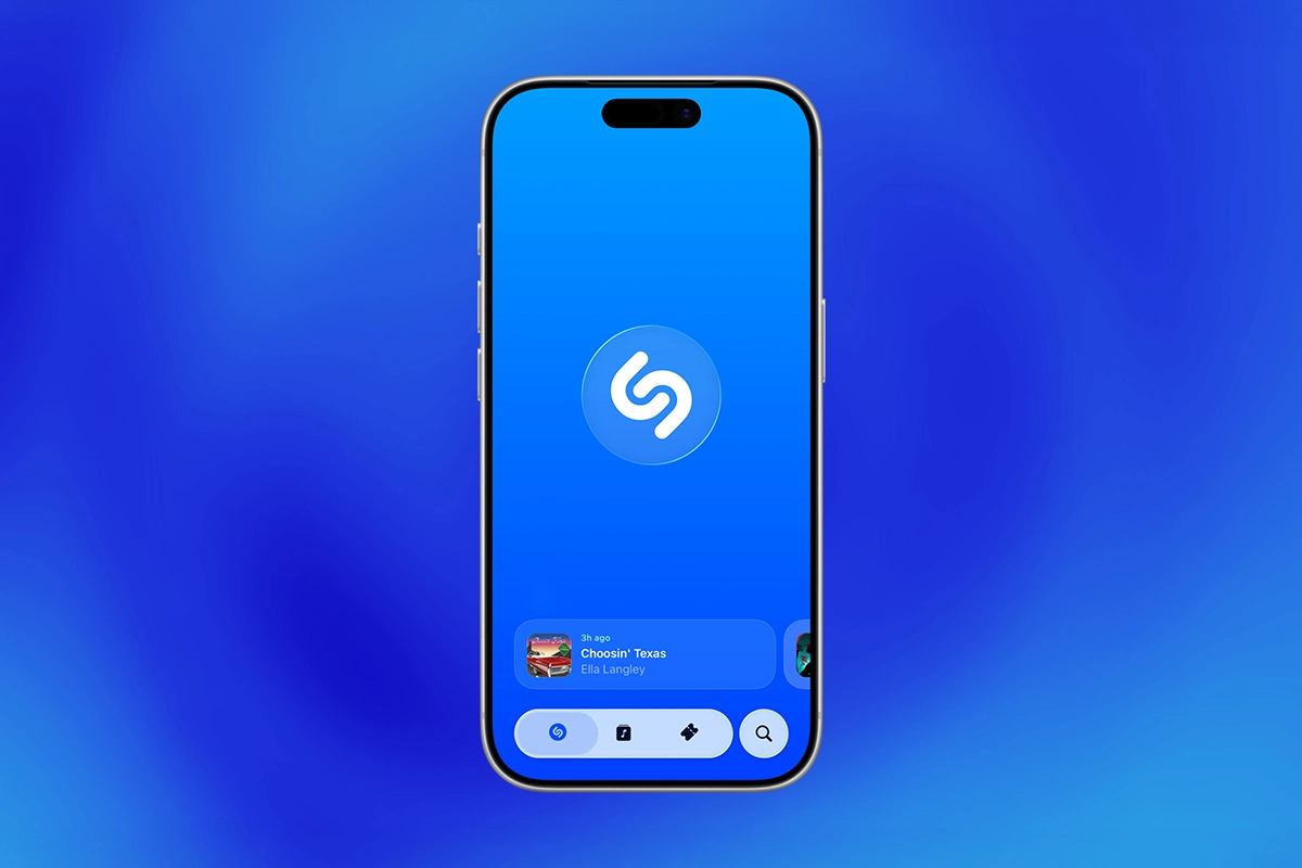Akıllı telefon ekranında Shazam logosu ve son dinlenen şarkı geçmişi illüstrasyonu.