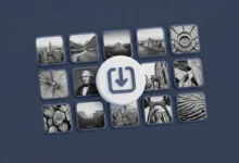 Siyah-beyaz fotoğraf koleksiyonu ve merkezdeki indirme (download) simgesi.