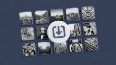 Siyah-beyaz fotoğraf koleksiyonu ve merkezdeki indirme (download) simgesi.