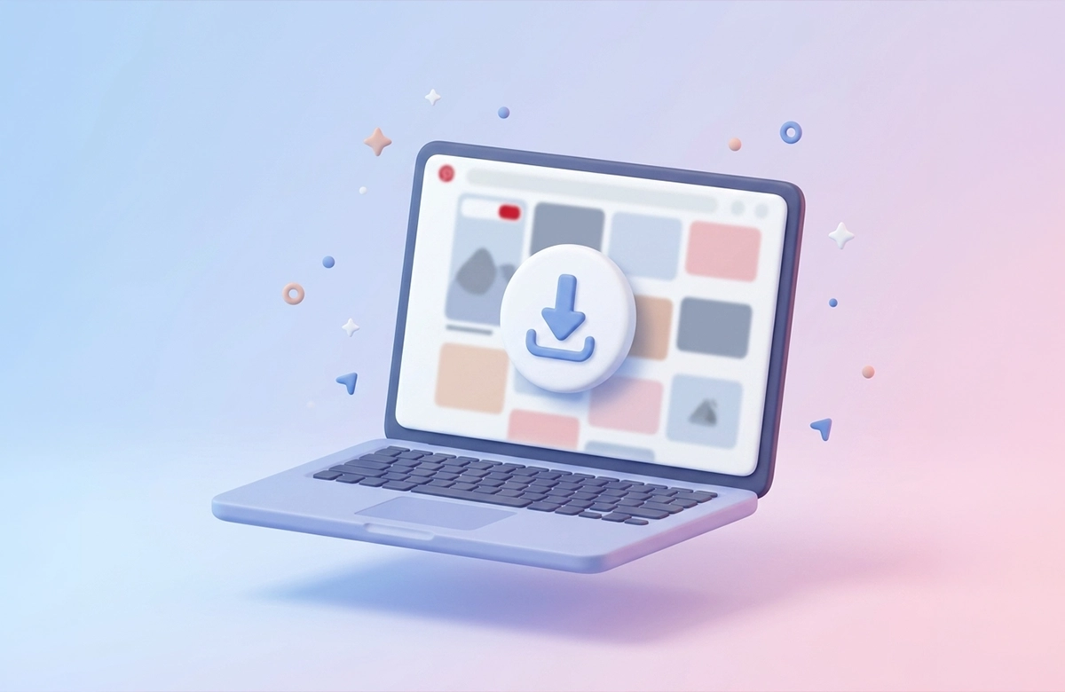 3D laptop illüstrasyonu ve ekranında indirme (download) butonu.