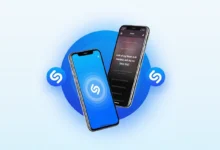 Akıllı telefon ekranlarında Shazam çevrimdışı müzik arama ve şarkı sözleri arayüzü illüstrasyonu.