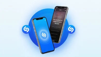 Akıllı telefon ekranlarında Shazam çevrimdışı müzik arama ve şarkı sözleri arayüzü illüstrasyonu.