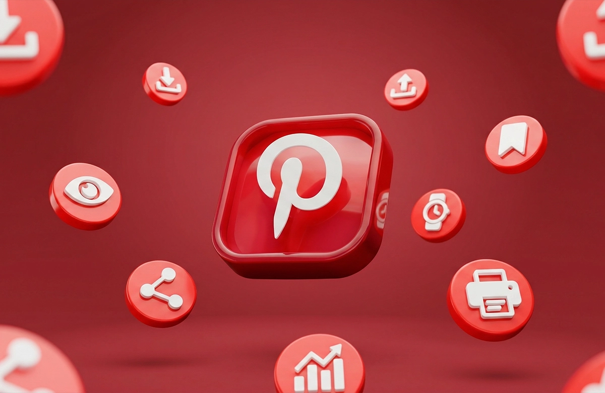 Pinterest logosu ve etrafında uçuşan 3D etkileşim ve kaydetme ikonları grafiği.