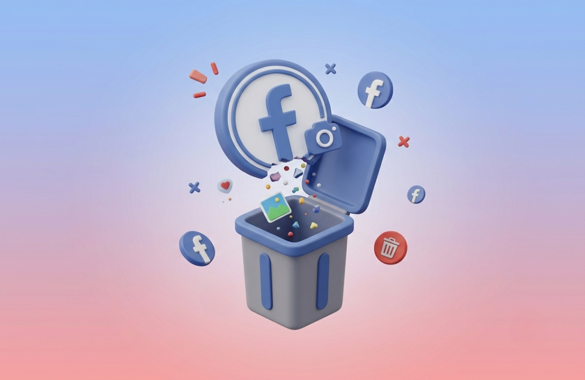 Facebook arşiv verilerini ve paylaşımlarını kalıcı olarak silme konseptli 3D mobil illüstrasyon.
