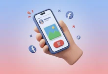 Facebook uygulamasında paylaşılan gönderi veya hikayeyi silme eylemini gösteren 3D mobil illüstrasyon.