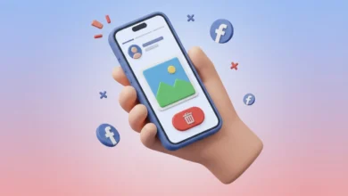 Facebook uygulamasında paylaşılan gönderi veya hikayeyi silme eylemini gösteren 3D mobil illüstrasyon.