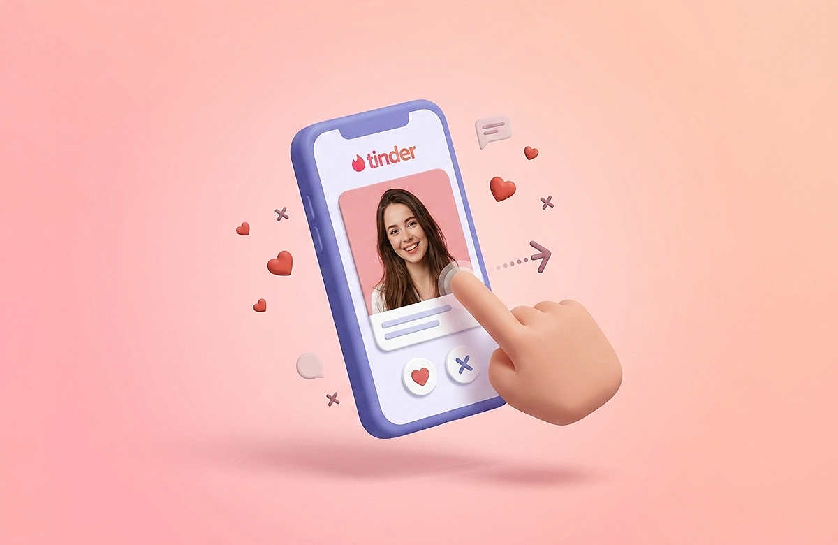 Tinder uygulaması üzerinden profil kaydırma ve beğenme eylemi illüstrasyonu.