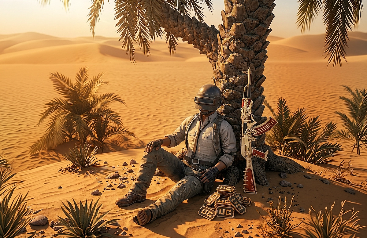 Palmiye gölgesinde dinlenen PUBG Mobile askeri ve UC kartları.