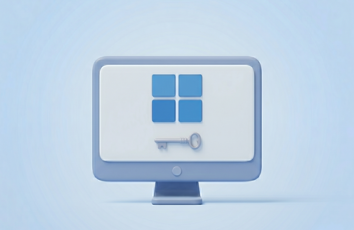 Windows 11 Lisans Anahtarı Nedir? Bilgisayar ekranında Windows logosu ve aktivasyon anahtarı içeren minimalist 3D illüstrasyon.