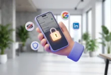 LinkedIn gizlilik ayarları, hesap gizleme ve veri güvenliği konseptli 3D mobil illüstrasyon.