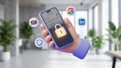 LinkedIn gizlilik ayarları, hesap gizleme ve veri güvenliği konseptli 3D mobil illüstrasyon.