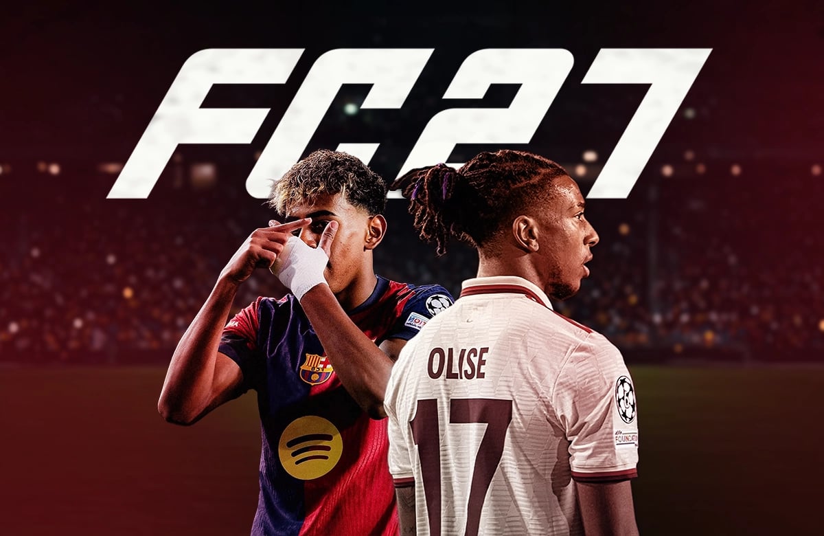 Oyun Yayıncıları için Takipçi Kazanma Stratejileri: FC 2027 FC 27 logosu ve kırmızı tonlu stadyum arka planında iki futbolcu, önde Barcelona forması ve arkada Olise 17 formalı oyuncu; FC 27 Türkiye sunucusu avantajı temalı görsel