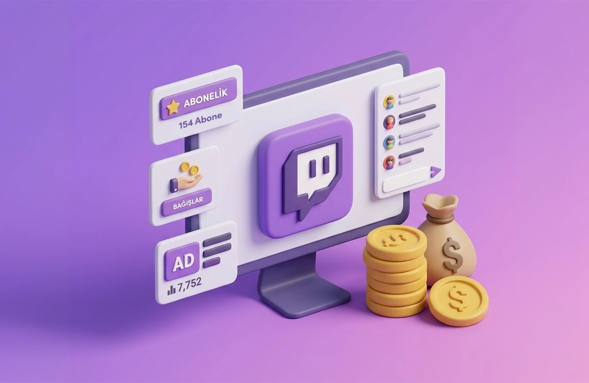 Twitch logolu bilgisayar monitörü, abonelik ve bağış panelleri ile yanındaki altın paralar.