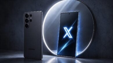 X’in Android Uygulaması Yenilendi Arka kapağı görünen siyah Samsung telefon ve ekranında parlayan X logosu yer alan akıllı telefon.