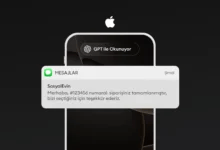 Siyah arka planda Apple logosu, üstünde "GPT ile Okunuyor" uyarısı ve SosyalEvin mesaj bildirimi yer alan iPhone ekranı.
