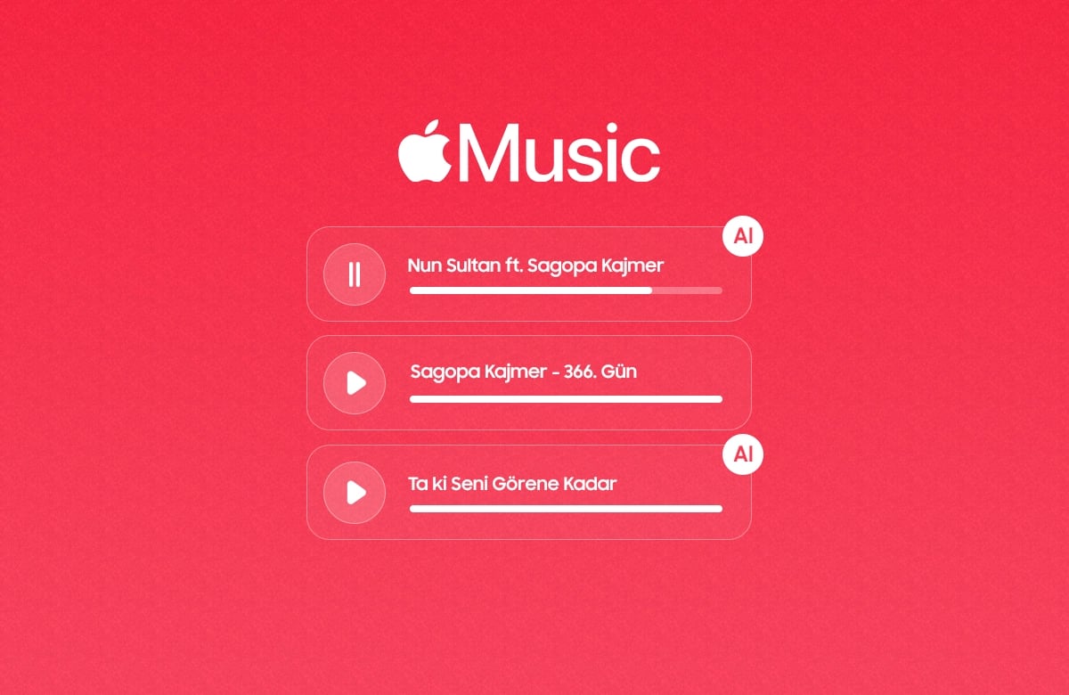 Apple Music’te Yapay Zeka İle Müzikler Artık Akıllı Etiketleniyor! Kırmızı arka planda Apple Music logosu, müzik listesi ve bazı şarkıların üzerinde yer alan "AI" etiketleri.