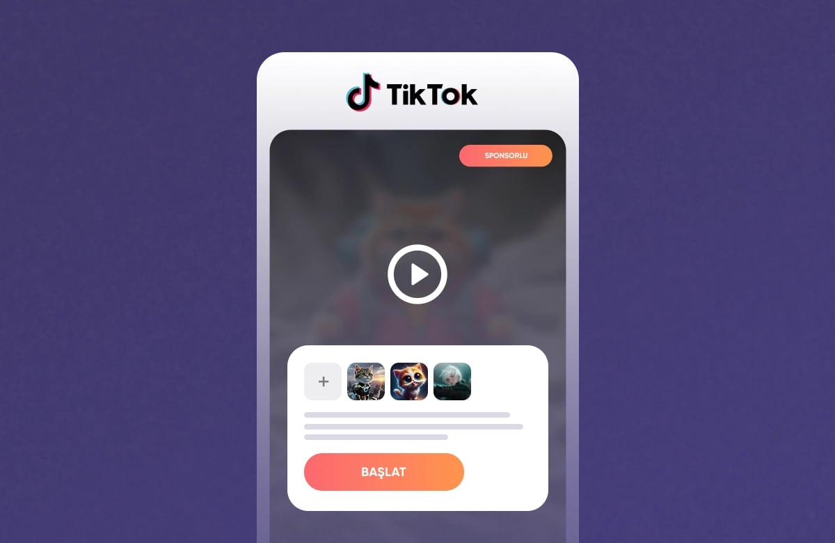 TikTok Symphony Agent Nedir? Yapay Zeka Destekli Yeni Özellik Devreye Alındı! TikTok arayüzünde "SPONSORLU" etiketli video ekranı, avatar seçenekleri ve "BAŞLAT" butonu.