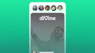 Yeşil arka planda üstte kullanıcı avatarları ve ortasında "diVine" logosu yer alan mobil uygulama arayüzü.