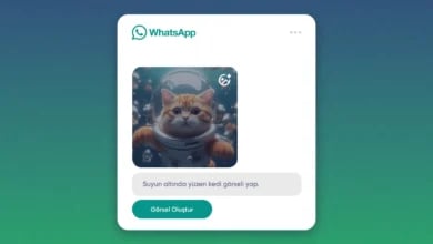 WhatsApp arayüzünde su altında kedi resmi, "Suyun altında yüzen kedi görseli yap." metin kutusu ve "Görsel Oluştur" butonu.