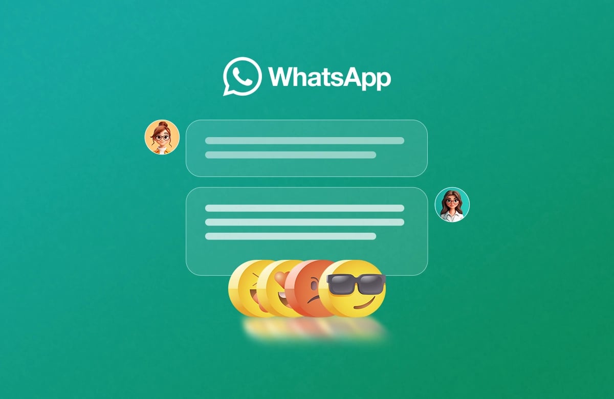 Whatsapp Özel Emoji Tepkilerini Test Etmeye Başladı WhatsApp logosu, sohbet baloncukları ve altında sıralanmış emoji tepkileri.