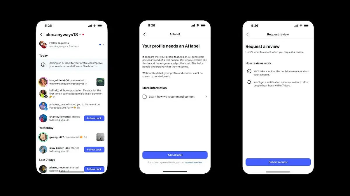 Instagram Yapay Zeka Profil Etiketi Nedir, Nasıl Eklenir? Siyah arka planda yapay zeka etiketi (AI label) uyarısı, profil gereksinim detayları ve inceleme talebi adımlarını gösteren üç akıllı telefon ekranı.
