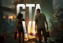 Endüstriyel bir alandaki patlama önünde ellerinde silah ve çanta tutan kadın ve erkek karakterler ile "GTA VI" logosu.