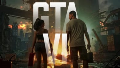 Endüstriyel bir alandaki patlama önünde ellerinde silah ve çanta tutan kadın ve erkek karakterler ile "GTA VI" logosu.