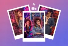 Renk geçişli arka planda 1980'ler tarzı kıyafetler, saç modelleri ve neon konseptli üç polaroid fotoğraf ile üstte "80's" yazısı.