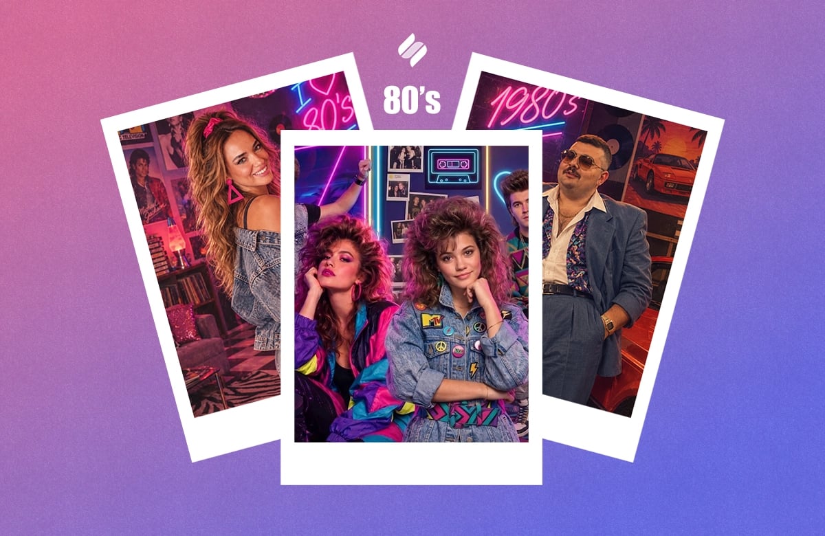 80'ler Akımı Nedir? Renk geçişli arka planda 1980'ler tarzı kıyafetler, saç modelleri ve neon konseptli üç polaroid fotoğraf ile üstte "80's" yazısı.