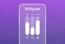 Mor arka planda Instagram logosu, beğeni, yorum ve izlenme simgeleri ile yüzde değerleri (%68, %34, %79) yer alan istatistik çubuklu akıllı telefon ekranı.