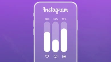 Instagram Etkileşim Oranı Nedir? ve Nasıl Hesaplanır? Mor arka planda Instagram logosu, beğeni, yorum ve izlenme simgeleri ile yüzde değerleri (%68, %34, %79) yer alan istatistik çubuklu akıllı telefon ekranı.