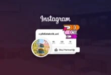 Koyu mor arka planda Instagram logosu, okul profil kartı, kitap simgeleri ve "Okul Partnerliği" etiketi.