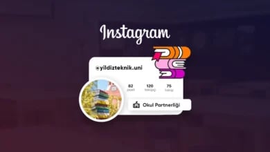 Koyu mor arka planda Instagram logosu, okul profil kartı, kitap simgeleri ve "Okul Partnerliği" etiketi.