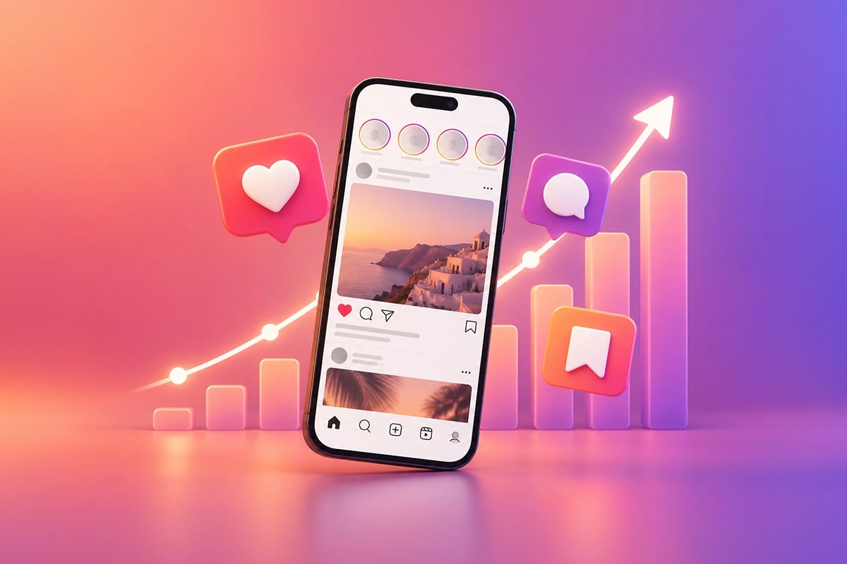Instagram'da Düşen Etkileşimi Yeniden Canlandırma Rehberi Turuncu-mor renk geçişli arka planda Instagram akışı açık akıllı telefon, etrafında 3D beğeni, yorum ve kaydetme simgeleri ile arkasında yükselen istatistik grafiği ve büyüme oku.