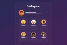 Koyu mor arka planda Instagram logosu ve altında 3D karakter ikonlarıyla altı adet önerilen profil kartı yer alan arayüz tasarımı.